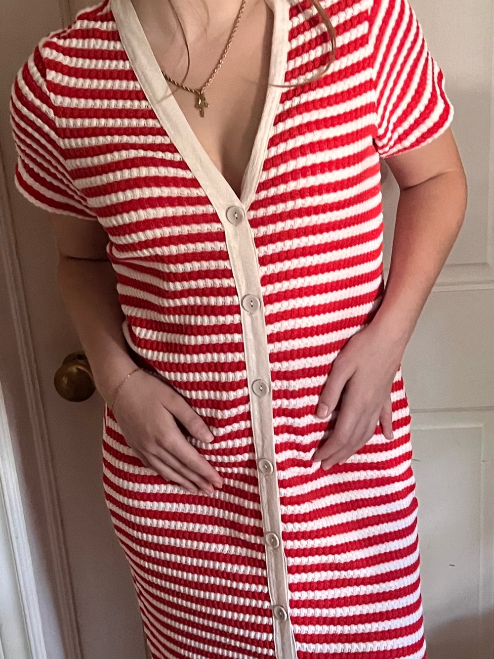 Mango Red & White Striped Button-Front Knit Dress